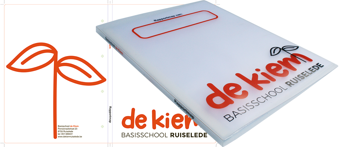 Rapport snelhechtermap voor Basisschool De Kiem in Ruiselde, Belgie is in 2 kleuren zeefdruk gedrukt.