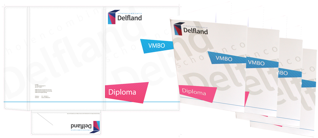 Kartonnen diploma vouwmap voor de Scholencombinatie Delfland in Delft