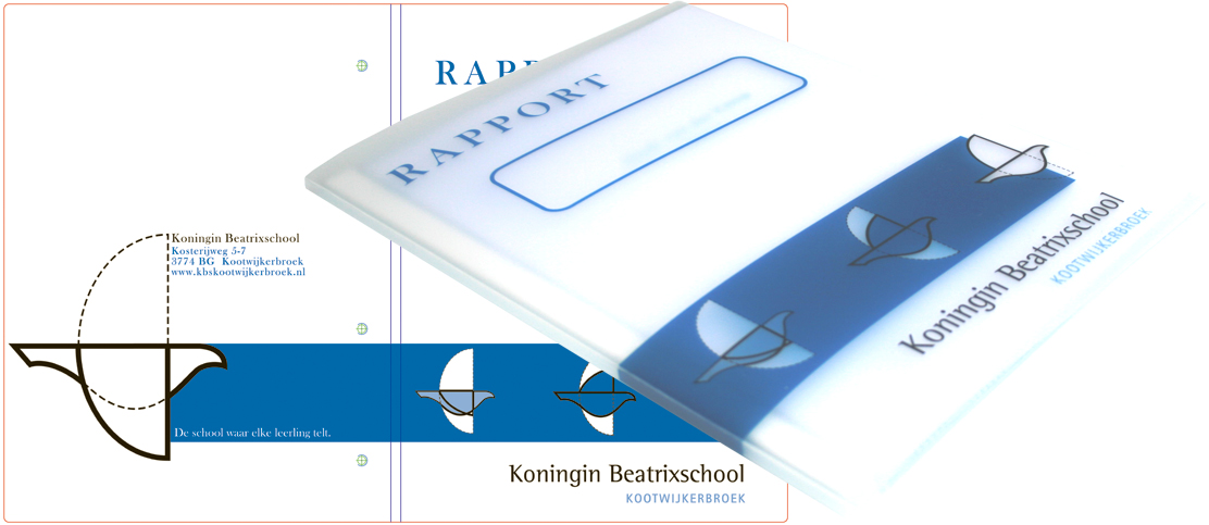 Snelhechter rapportmap Koningin Beatrixschool in Kootwijkerbroek in blauw en zwart zeefdruk bedrukt.