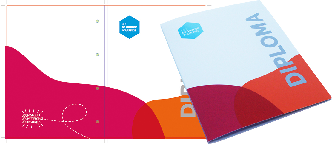 Diplomamap hechtmap voor De Goudse Waarden in Gouda in 4 kleuren zeefdruk
