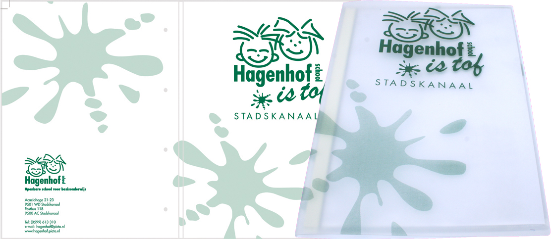 Nieuwe rapportmap in zeefdruk bedrukt voor OBS Hagenhofschool in Stadskanaal