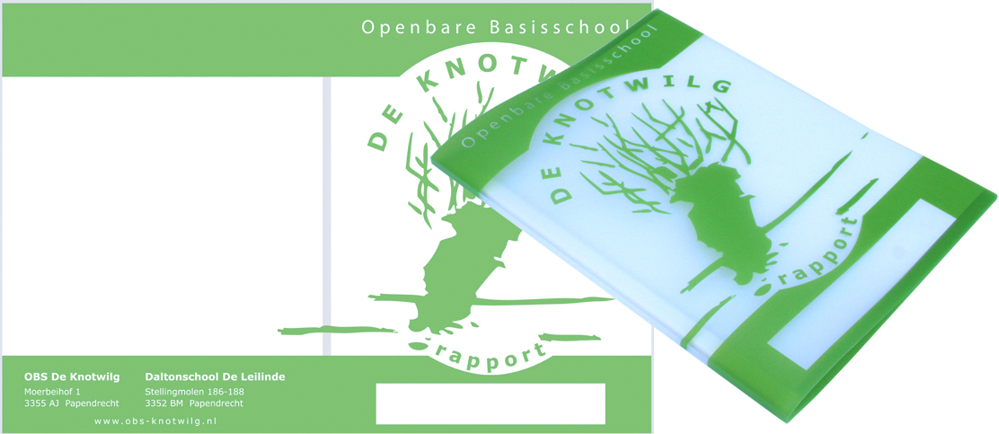 Groen, in zeefdruk bedrukte, snelhechter schoolmap voor De Knotwilg, de openbare basisschool in Papendrecht.