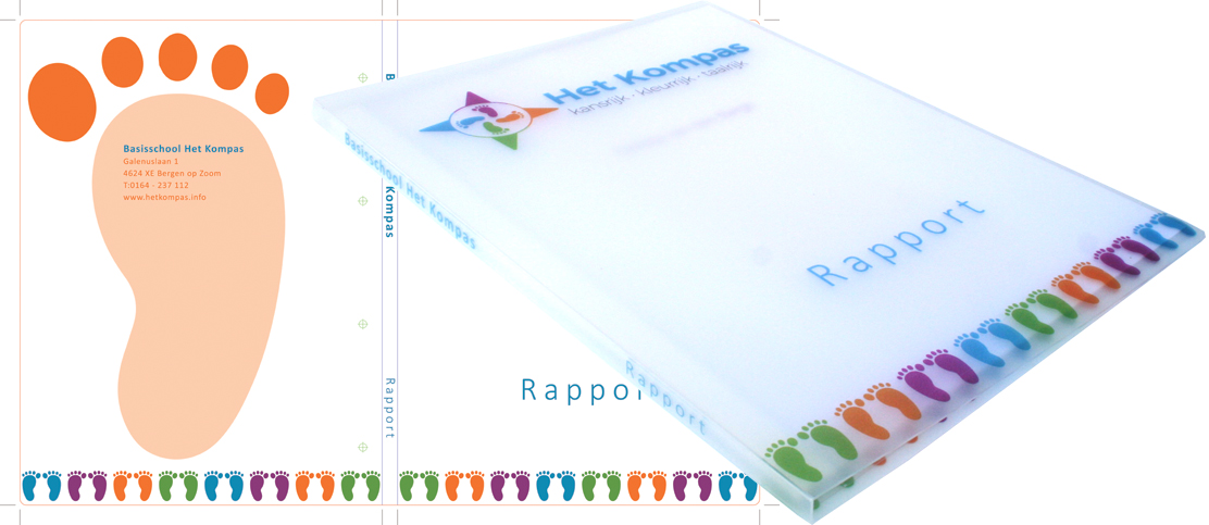 Full colour digitaal bedrukte rapport hechtmap voor basisschool Het Kompas in Bergen op Zoom