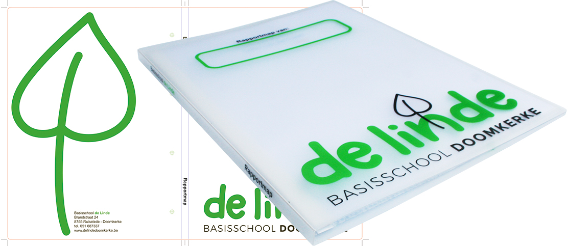 Nieuwe rapportmap in 2 kleuren zeefdruk bedrukt voor basisschool De Linde, Doomkerke, België