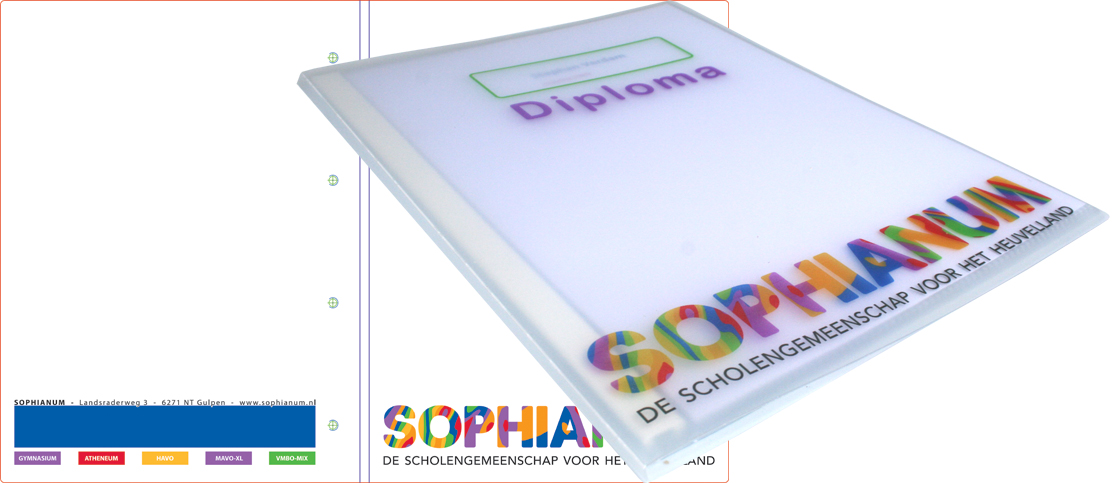 Diploma hechtmap voor Sophianum inn Gulpen, digitaal bedrukt en voorzien van glasheldere showtassen