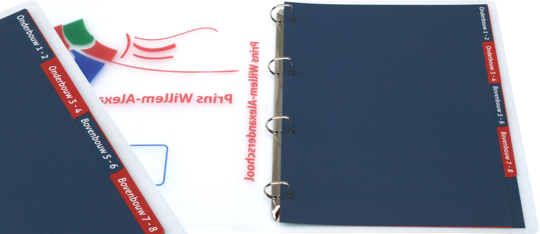 5-delige tabbladen rood en blauw, tekst wit