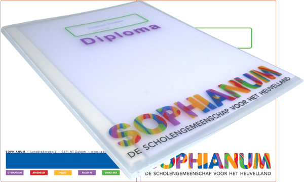 Diploma hechtmap voor Sophianum, digitaal bedrukt en voorzien van glasheldere showtassen