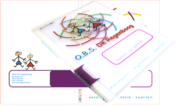 Vrolijke full colour digitaal bedrukte nieuwe rapport hechtmap voor Openbare Basisschool De Regenboog in Ens!