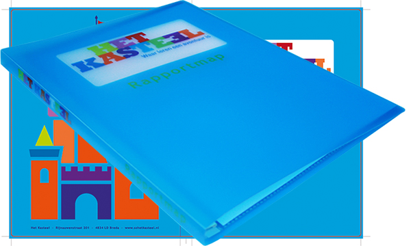 Basisschool Het Kasteel in Breda: super kleurrijk logo is basis van ontwerp voor nieuwe hechtmap.