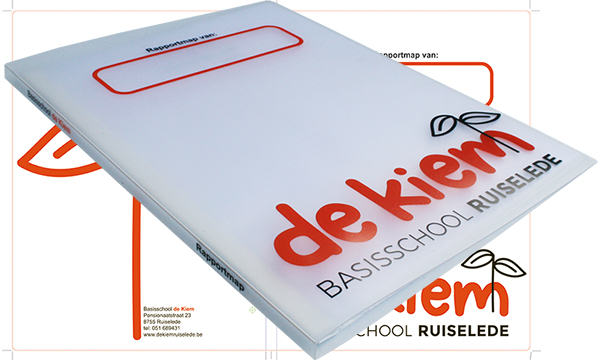 Nieuwe schoolmap voor Basisschool De Kiem in Ruiselede, België is in 2 kleuren zeefdruk bedrukte snelhechtermap!